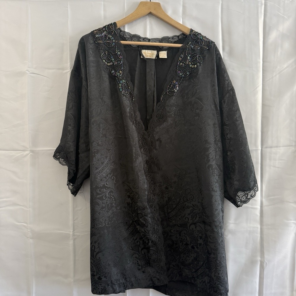 Vtg Victoria Secret Gold Label Black Beaded Short Sexy Robe Belt Intimate One Sz